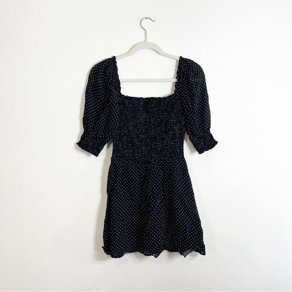 Reformation Elle Black White Polka Dot Puff Sleeve Smocked Mini Dress Size 6 - Picture 4 of 7